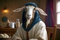 Goat dressed as a farmer advertises goat cheese, created with Generative AI technology