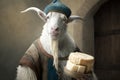 Goat dressed as a farmer advertises goat cheese, created with Generative AI technology