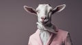 Minimalist Fashion Portrait Of Goat In Pink Jacket And Tie