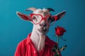 A goat dressed in a red shirt and bright heart shaped glasses holding a red rose. Royalty Free Stock Photo