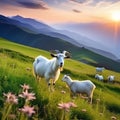 Goat Eating Grass on High Grassland in Zhangjiakou Hill Meadow, China - Farm Animals in Sunrise Landscape