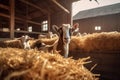 Goat farm, goats eat hay in the stall, illustration. Generative AI Royalty Free Stock Photo