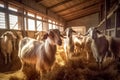 Goat farm, goats eat hay in the stall, illustration. Generative AI Royalty Free Stock Photo