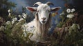 Serene White Goat In Flowers: Detailed Atmospheric Portrait Royalty Free Stock Photo