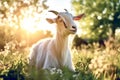 goat in a field with flowers. cow on a sunny summer day in a field. Farm animals. Royalty Free Stock Photo