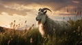 Ambitious Goat Grazing In Field At Sunset - Uhd Image