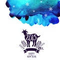 Goat greeting catd. Symbol of the 2015 year, greeting card with goat. Vector watercolor background. Greeting card 2015. Happy New Royalty Free Stock Photo