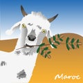 The goat is holding a branch of an argan tree with argan nuts in his teeth. The symbol of Morocco. illustration Text in Royalty Free Stock Photo