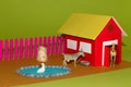 goat horse and duck on a farm that has a small pool and barn, creative minimal design, paper farm