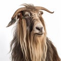 Goat with a long beard braided into dreadlocks and decorated with beads, close-up portrait isolated