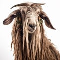 Goat with a long beard braided into dreadlocks and decorated with beads, close-up portrait isolated