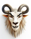 a goat mask with long horns on a white wall background. generative ai