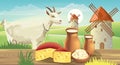 Goat on meadow with wind mills, near a table with cheese , cottage cheese and milk on top. Realistic. 3D mockup product Royalty Free Stock Photo