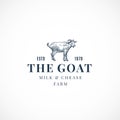 The Goat Milk and Cheese Farm Abstract Vector Sign, Symbol or Logo Template. Hand Drawn Goat Sketch Illustration with