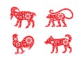 Goat, monkey and rooster, dog. Chinese Horoscope animal set. Flower decorative element Royalty Free Stock Photo