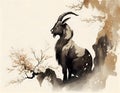 The goat, one of 12 chinese zodiac animal, watching their bait on the cliff and be painted in the way of chinese style. Royalty Free Stock Photo