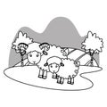 Goat with puppy in nature scenery cartoon in black and white