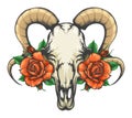Goat Skull with Rose Flowers Tattoo Drawn in Engraving Style