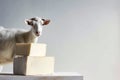 Goat standing on top of block of cheese on table. Generative AI