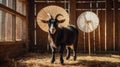 Majestic Black Goat with Paper Umbrellas in Rustic Barn Royalty Free Stock Photo