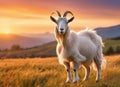 A goat stands in a field at sunset, during the golden hour. Royalty Free Stock Photo