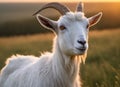 A goat stands in a field at sunset, during the golden hour Royalty Free Stock Photo