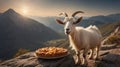 Goat with an Apple Pie Enjoying the Sunset in The Mountain Landscape Royalty Free Stock Photo