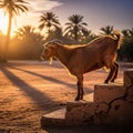 Goat on steps in desert palm trees at sunset warm light Royalty Free Stock Photo