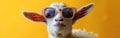 Goat with Sunglasses: Humorous Easter Animal Banner on Yellow Backdrop