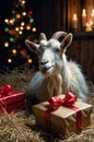 Charming Goat with Christmas Gifts in Hay Royalty Free Stock Photo
