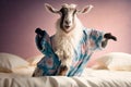 goat in a terry bathrobe joyfully jumping, created with Generative AI technology