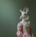 Goat wearing a baroque style dress. Royal blood, paradox background