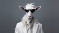 Minimalist Fashion Portrait Of A White Goat In White Slacks And Sunglasses