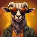 Ultra Cartoon Goat With Sunglasses And Fur Coat - Digital Painting