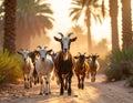 Goats herd treks down dusty path backlit by golden sunlight palm trees in background Royalty Free Stock Photo