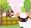 Goats wooden fence house trees grass farm animal cartoon Royalty Free Stock Photo