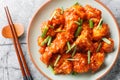 Gobi Manchurian is a popular appetizer made with fried cauliflower coated in umami chili sauce closeup on the plate. Horizontal