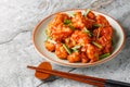 Gobi Manchurian is a popular appetizer made with fried cauliflower coated in umami chili sauce closeup on the plate. Horizontal