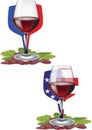 Goblet of red wine with a background of French American flags Royalty Free Stock Photo