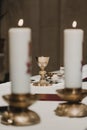 Goblet of wine on table during a wedding ceremony nuptial mass. Religion concept Royalty Free Stock Photo