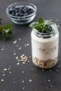 goblet of yogurt with cereals and fruits strewed on leaves mint Royalty Free Stock Photo