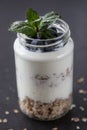 goblet of yogurt with cereals and fruits strewed on leaves mint Royalty Free Stock Photo