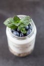 goblet of yogurt with cereals and fruits strewed on leaves mint Royalty Free Stock Photo