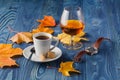 Goblets of brandy and cup of hot coffeeon wooden old counter top Royalty Free Stock Photo