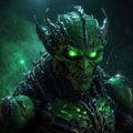 Scary AI generated green goblin-like creature with glowing green eyes, wearing armor