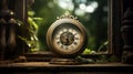 Goblincore Clock: Authentic Depictions In Abandoned House Window