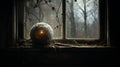 Goblincore-inspired Ball Stands Behind Abandoned House Window
