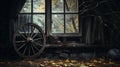Goblincore-inspired Wheel Stands In Abandoned House Window