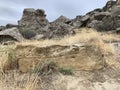 Gobustan, Azerbaijan, September, 11, 2019. Ancient petroglyphs in Gobustan, Azerbaijan. Image of a rowing boat on a stone