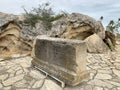 Gobustan, Azerbaijan, September, 11, 2019. Stone carvings on ancient tombs in Gobustan, Azerbaijan